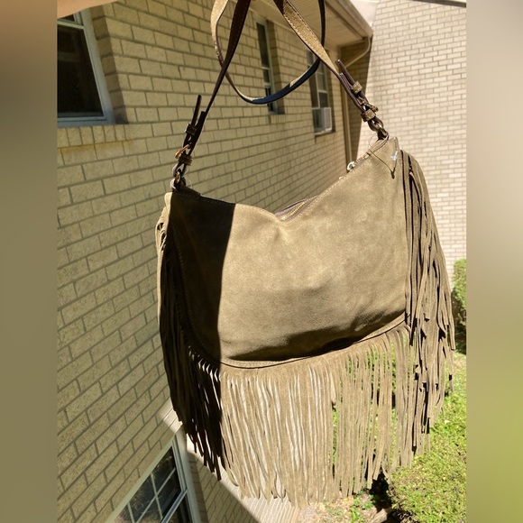 Michael Kors Dakota Olive Green Suede Leather Saddle Bag Long Fringe Gold Studs - Picture 6 of 17